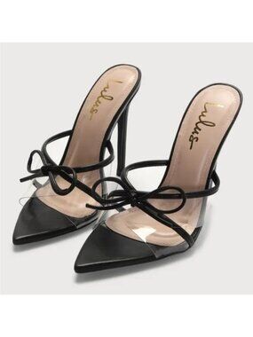 NWOT Lulus Haxy Black Vinyl Pointed-Toe Bow High Heel Sandals